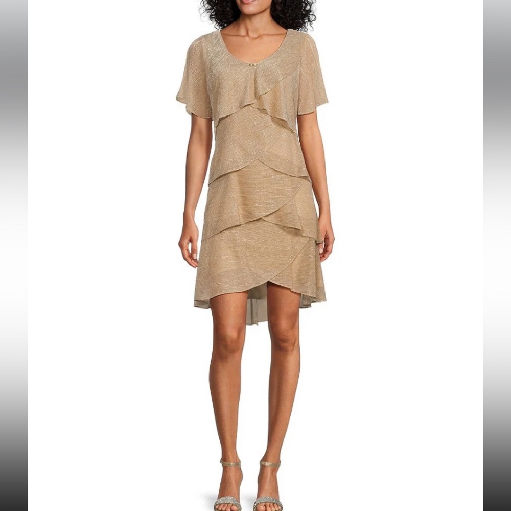 IGNITE SZ6 V-Neck Short Flutter Sleeve Tiered Short Shimmer Evening Dress NWT